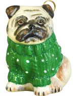 Pug Fawn in Green Cable Knit Sweater