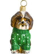 Shih Tzu Brown & White in Green Cable Knit Sweater